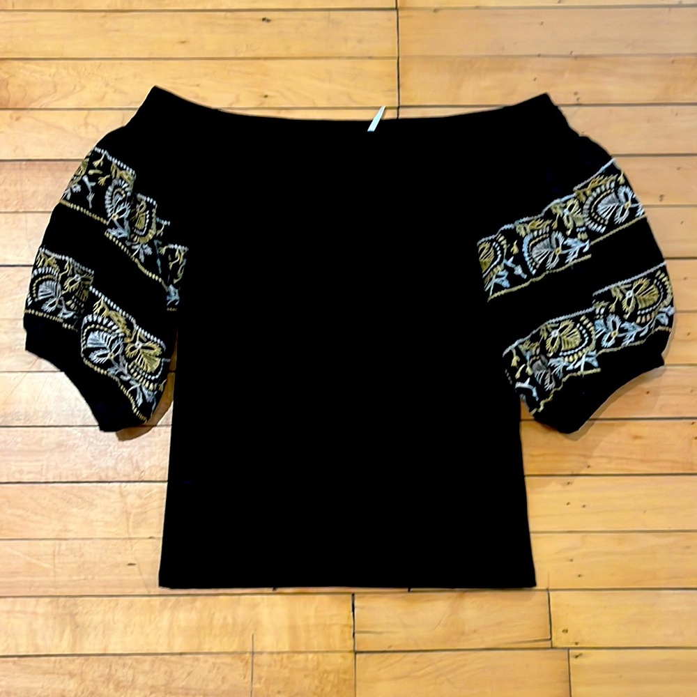 Free People Black Top with Gold & White Embroidered Puff Sleeves